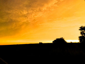 Silhouette trees on field against orange sky