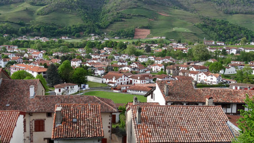 High angle view of buildings in town