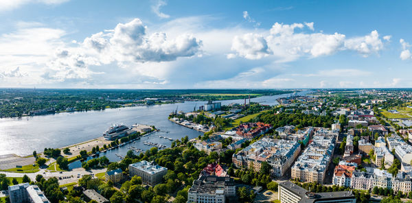 Close up panoramic view of the cathedral with riga old town in the background.