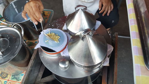 High angle view of man having food