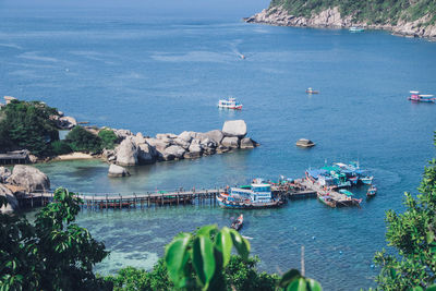 High angle view of boats in sea