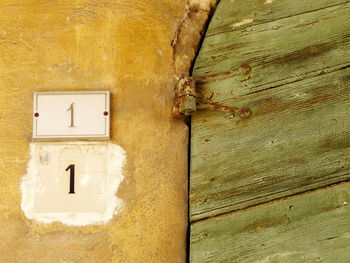 Close-up of weathered door on wall