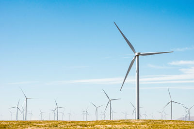 Windmills on field against sky