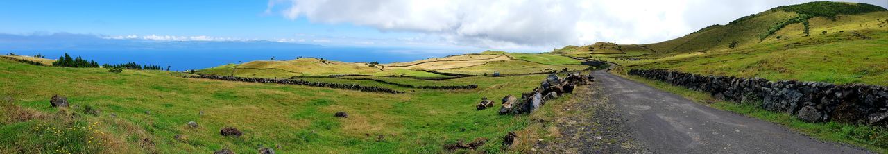 Panoramic view of road amidst landscape against sky