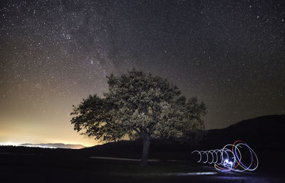 Light painting on field by tree against star field