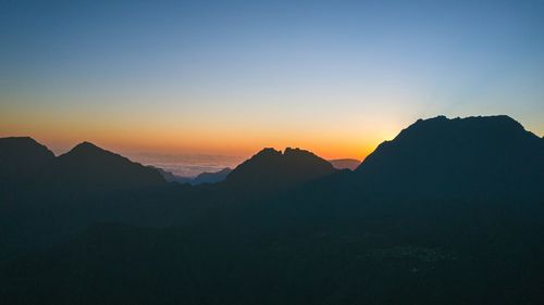 Scenic view of silhouette mountains against sky during sunset