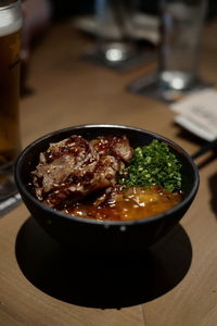 High angle view of soup in bowl on table