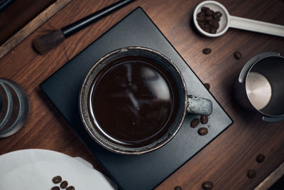 High angle view of objects on table