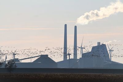 Gigantic flock of arctic geese passing in front of a powerplant.