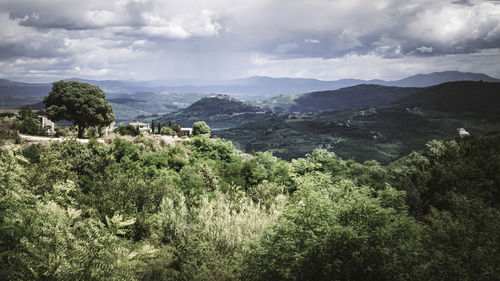 Scenic view of trees and mountains against sky