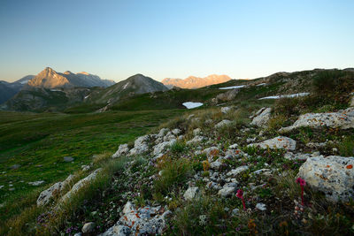 Scenic view of mountains against clear sky