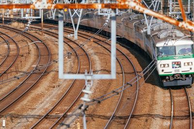 High angle view of train on railroad station platform