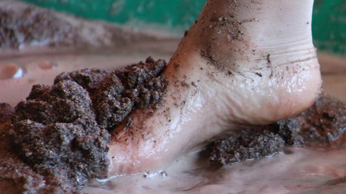 Low section of boy playing on wet sand