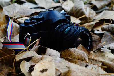 Close-up of camera on rock