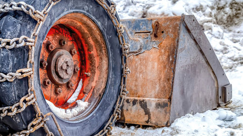 Close-up of abandoned truck on snow