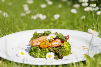 Prawns, asparagus and broccoli with edible daisy flowers. selective focus. outdoor photo.