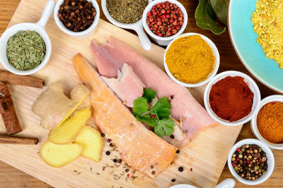 Close-up of spices and meat on table