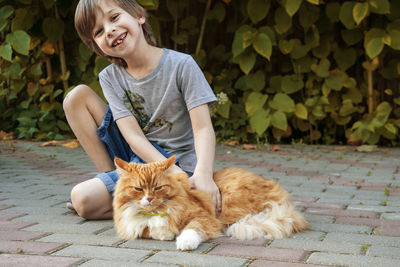 Happy and joyful boy smiles and strokes his pet - red cat.