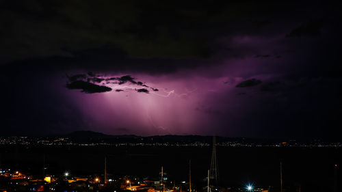 Lightning over illuminated cityscape against dramatic sky at night