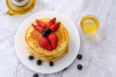 High angle view of breakfast served on table