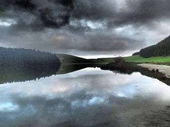 Scenic view of lake against cloudy sky