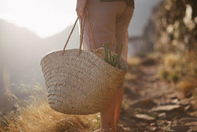 Midsection of woman with bag standing on land