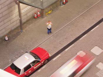 High angle view of people walking on bus