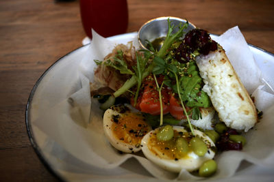 Close-up of breakfast served on table