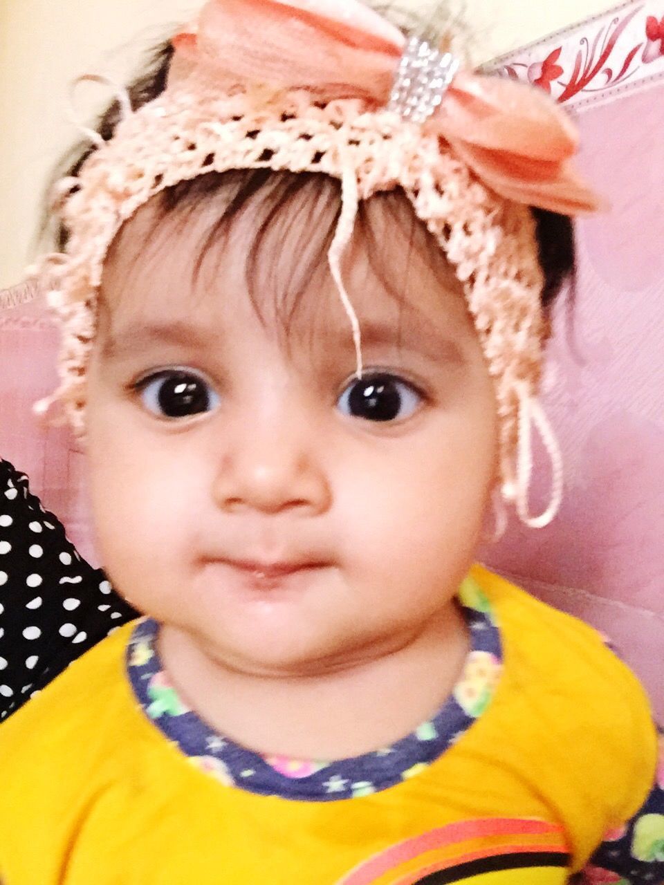 cute, innocence, indoors, childhood, looking at camera, portrait, real people, one person, front view, close-up, headshot, headband, lifestyles, day, people