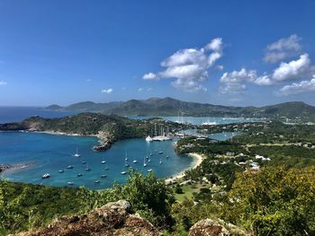 High angle view of bay against sky