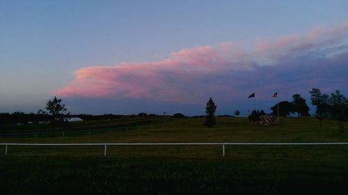 Scenic view of grass against sky at sunset