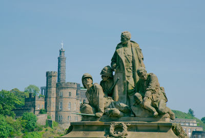 Low angle view of statue against blue sky