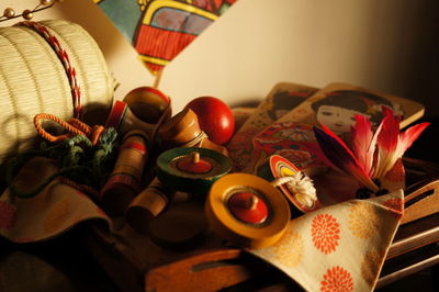 Traditional toys on wood at home