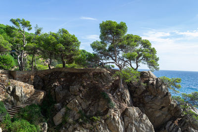 Scenic view of rocks by sea against sky