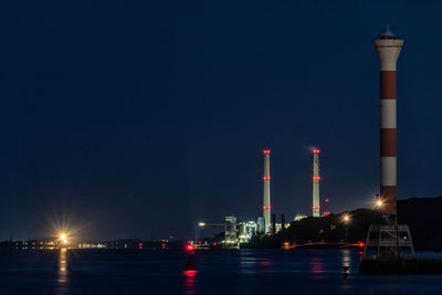 Illuminated factory against sky at night