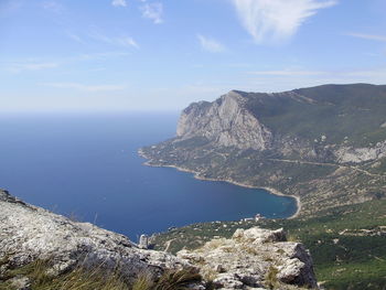 Scenic view of sea and mountains against sky