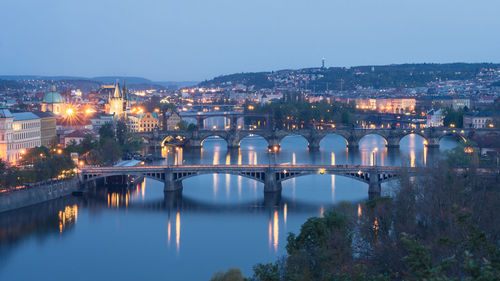 Evening blue hour panorama of city with vltava river and its bridges, prague, czechia
