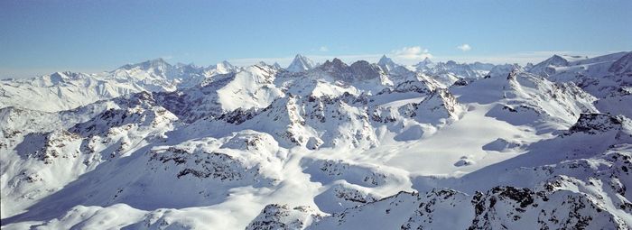 Panoramic view of snowcapped mountains against clear blue sky