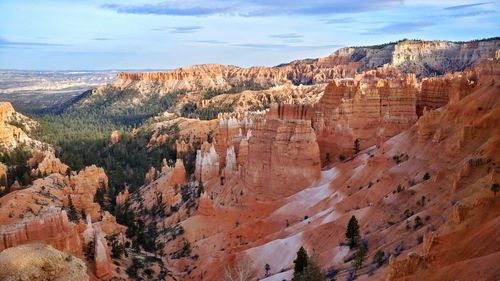 Scenic view of rock formations against cloudy sky