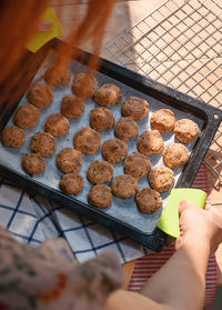 High angle view of person preparing food