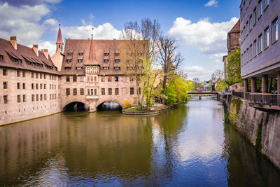 Bridge over river amidst buildings in city against sky