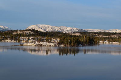 Scenic view of lake by snowcapped mountains against sky