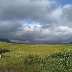 Scenic view of grassy field against cloudy sky