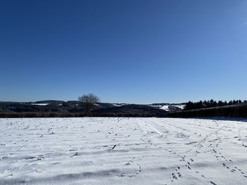 Scenic view of snow covered field against clear blue sky