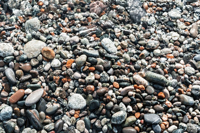 Pebble shore close up, natural background copy space, gray and red pebbles in sea water, texture