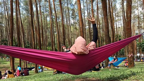 People relaxing on hammock in forest