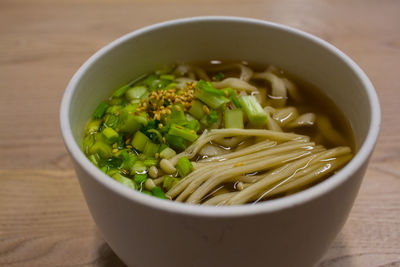 Close-up of soup in bowl on wooden table