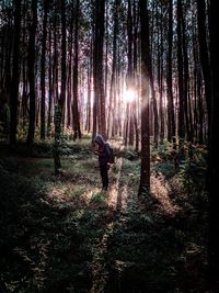 Man standing by trees in forest