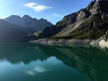 Scenic view of lake and mountains against sky