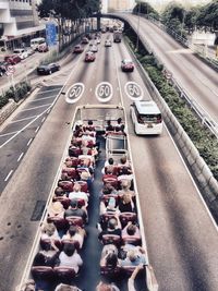 High angle view of people traveling in bus